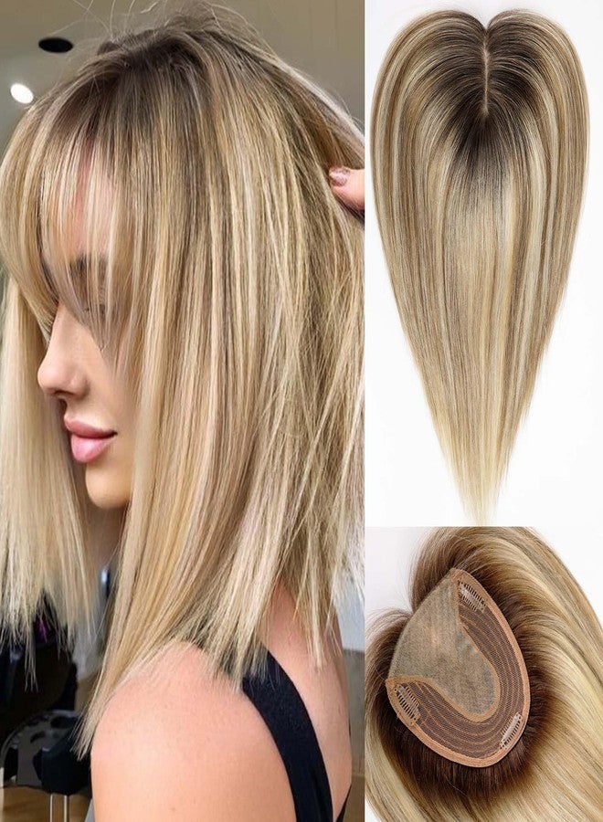 Starluck Real Human Hair Toppers for Women, 14 inch with Bangs, 5"x5.5" Base, Brown with Blonde Highlight, Covers Thinning Hair & Grey - Image 1